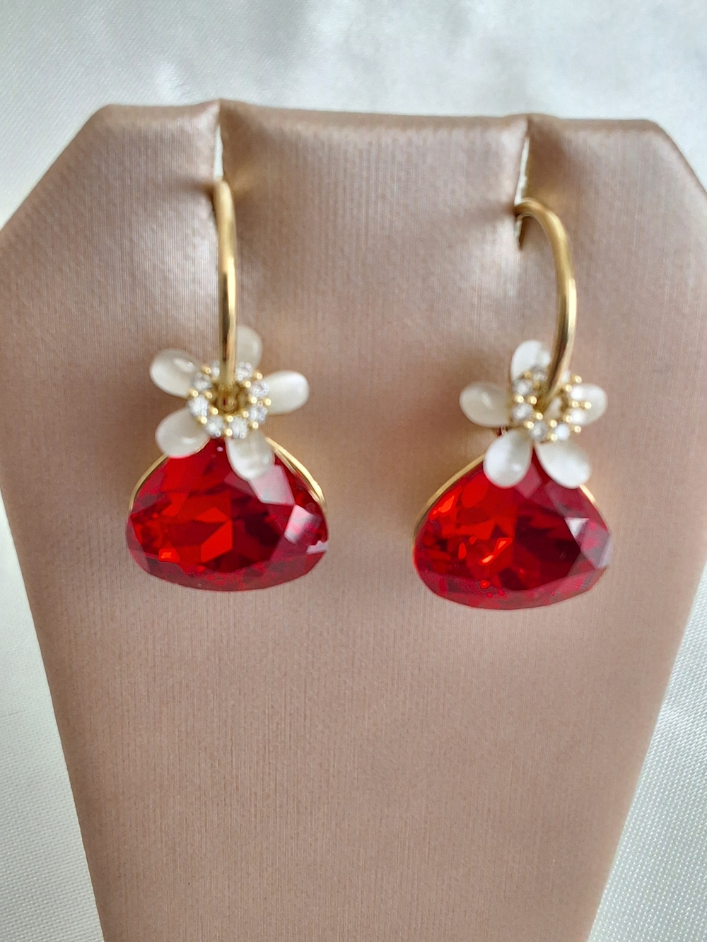 Gold Hoop Earrings with Red Crystal Drop and White Flower Accent